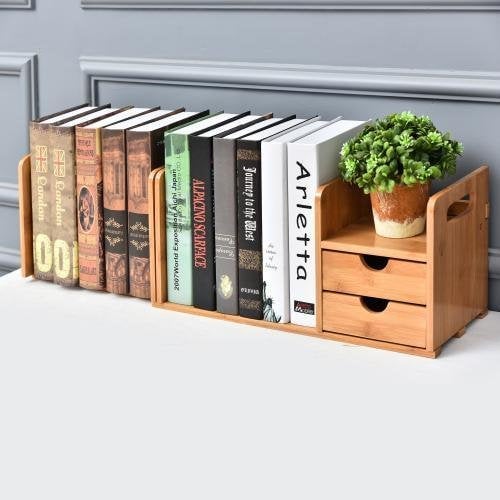 Natural Bamboo Desk Organiser with Bookshelf and Drawers