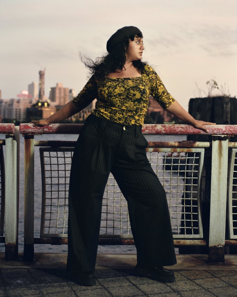 Ganni Printed Mesh Blouse ($165) and Ganni Stretch Stripe Wide Pants ($265)
