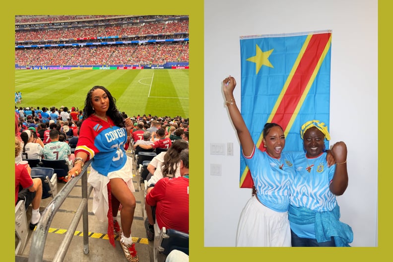 Collage of women representing the Democratic Republic of Congo at the World Cup and celebrating at a watch party.