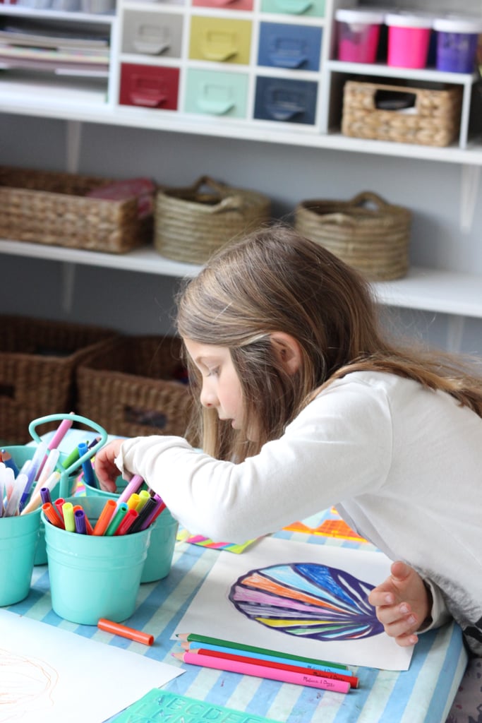 PS: What are the five items you always use when revamping a playroom?
MS: 1. Open bins to store toys and art supplies.
2. A large play table, so kids can freely work without knocking elbows with someone.
3. An art caddy to tote around.
4. A cozy spot to read, whether it's a beanbag, floor pillows, or a chair.
5. A place to hang kids' artwork — ideally, one that they can reach and hang themselves.