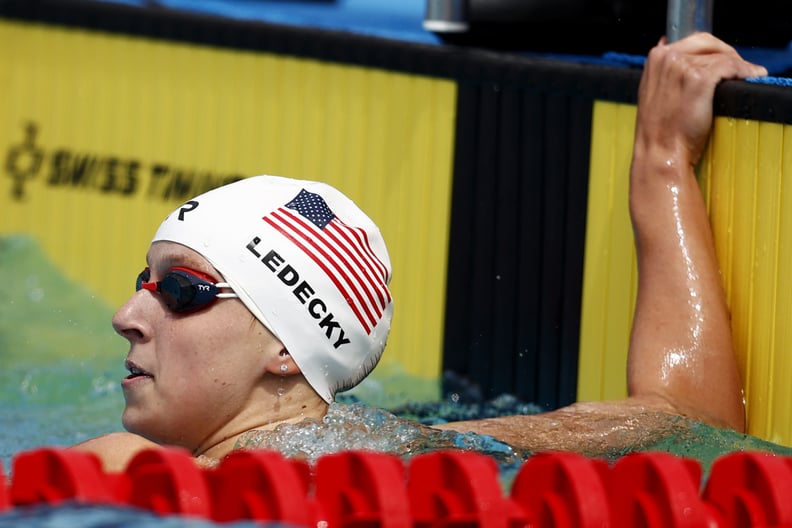MISSION VIEJO, CALIFORNIA - APRIL 11: Katie Ledecky looks on after competing in the Women's 100 Meter Freestyle Final on Day Four of the TYR Pro Swim Series at Mission Viejo at Marguerite Aquatics Center on April 11, 2021 in Mission Viejo, California.   (