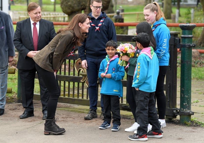 EPPING, ENGLAND - MARCH 28: Catherine, Duchess of Cambridge visits the Scouts' headquarters at Gilwell Park to learn more about the organisation's new pilot to bring Scouting to younger children, the visit will also celebrate the site's 100th anniversary 