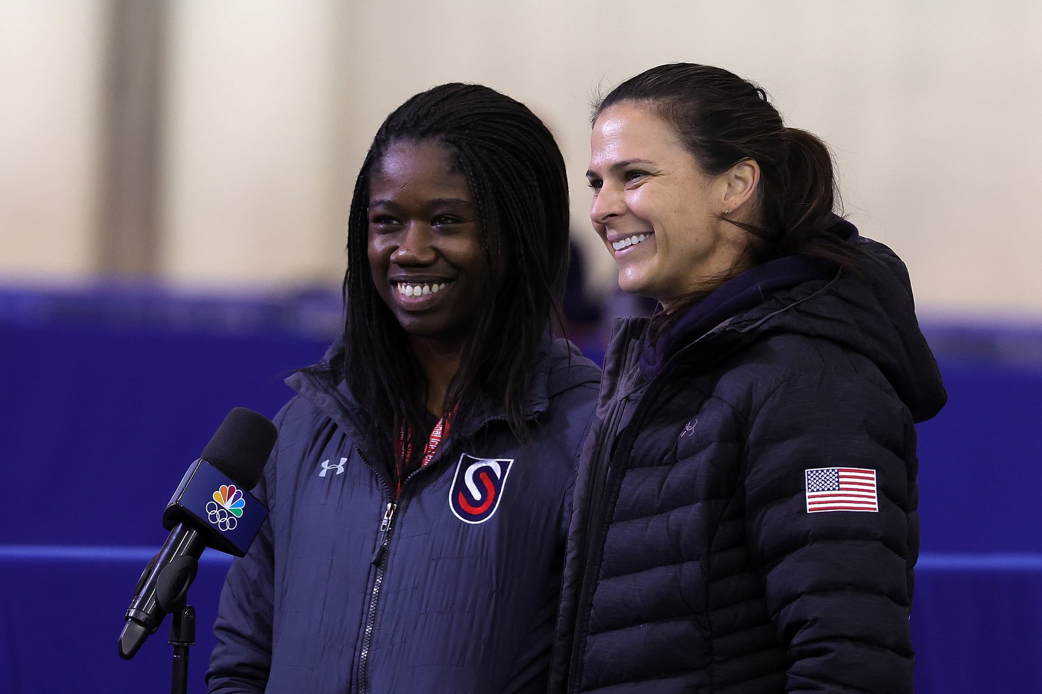 MILWAUKEE, WISCONSIN - JANUARY 09: Erin Jackson and Brittany Bowe speak to the media during the 2022 U.S. Speedskating Long Track Olympic Trials at Pettit National Ice Centre on January 09, 2022 in Milwaukee, Wisconsin. (Photo by Stacy Revere/Getty Images)