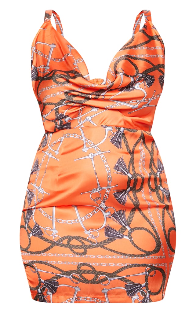 Orange Chain Print Satin Cowl Neck Bodycon Dress