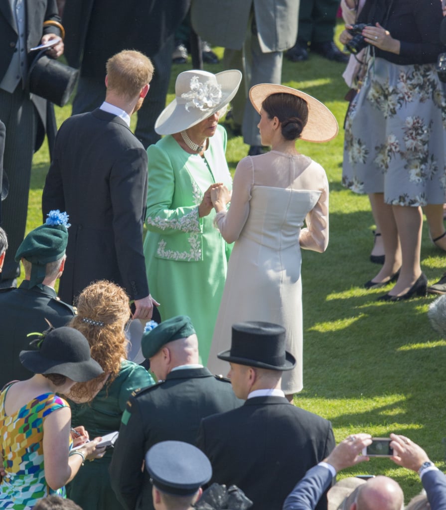 Camilla took Meghan's hand as they spoke while attending Prince Charles' 70th birthday celebration at Buckingham Palace in May.