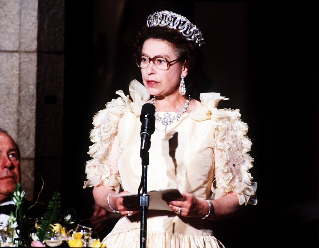 In 1983, the queen attended a state dinner with President Ronald Reagan at the De Young Museum in San Francisco wearing a gown with '80s-style, embroidered statement sleeves, accessorizing with the pearl setting of the Vladimir Tiara, the Gloucester pendant earrings, and Queen Victoria's Golden Jubilee necklace.