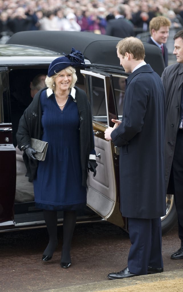 Camilla flashed a sweet smile at William upon arriving at the unveiling of the queen mother's statue in London in February 2009.