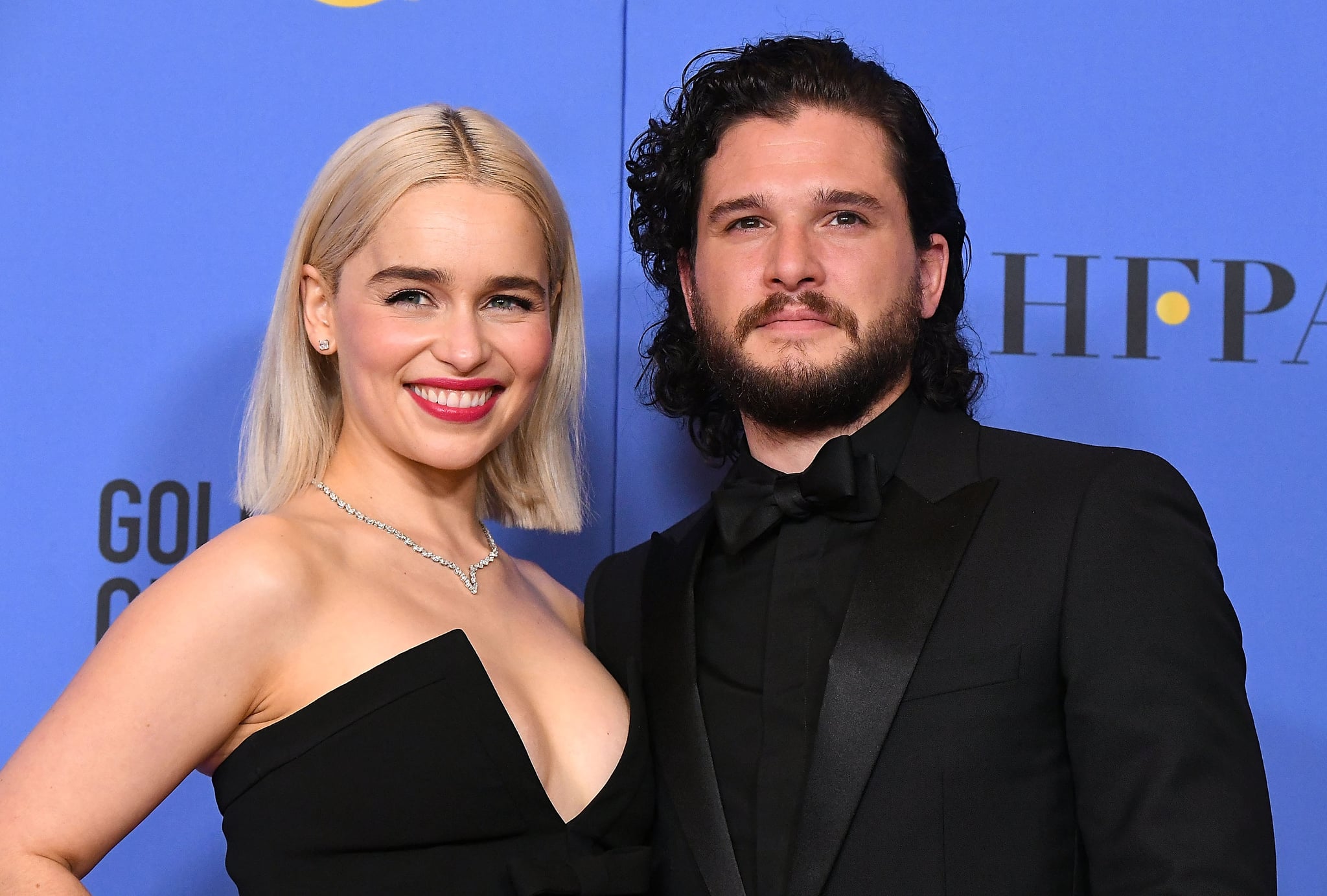 BEVERLY HILLS, CA - JANUARY 07:  Emilia Clarke, Kit Harington poses at the 75th Annual Golden Globe Awards at The Beverly Hilton Hotel on January 7, 2018 in Beverly Hills, California.  (Photo by Steve Granitz/WireImage)