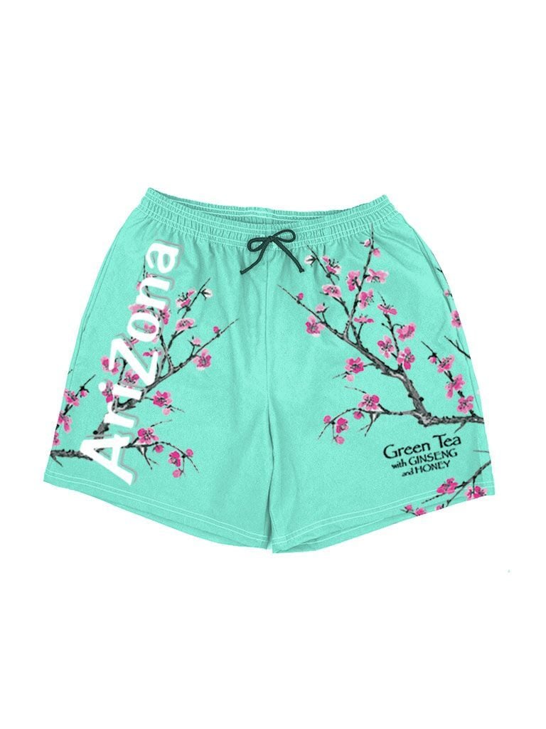 The Teal Swimming Shorts Prominently Feature Those Pretty Pink Flowers
