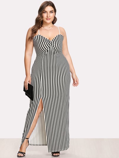 Shein Plus Twist Front Slit Hem Striped Cami Maxi Dress