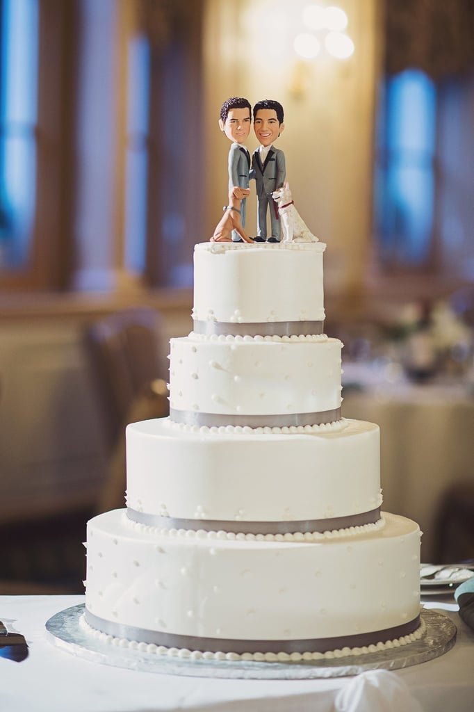 Love the idea of a traditional cake but don't want all the fuss that comes with it? Then you'll want to take note of this sleek version — with just a few beaded details and flower accents, it's both clean and sophisticated.