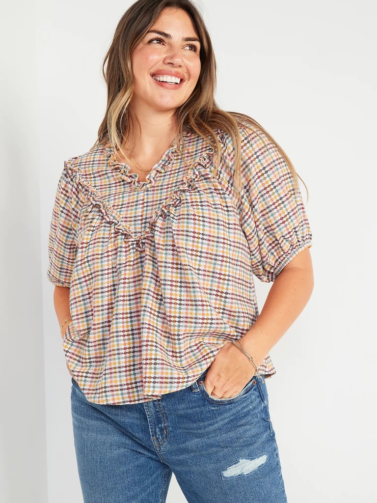 A September Must Have: Oversized Short-Sleeve Ruffled Dobby Gingham Blouse