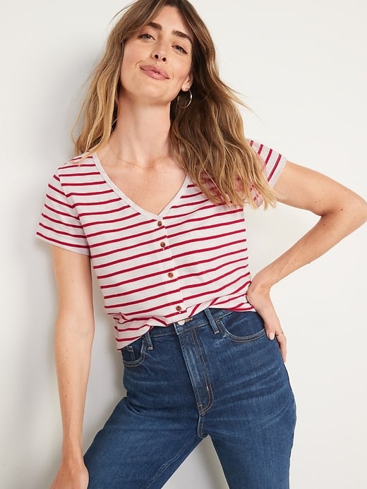 Old Navy Striped Slub-Knit V-Neck Button-Front T