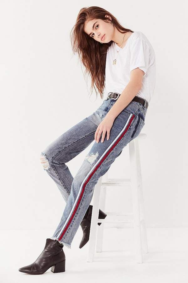 jeans with red and white stripe down the side