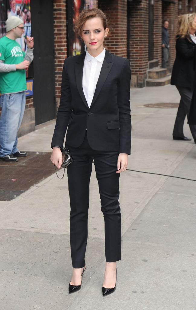 Emma Watson suited up for an appearance on The Late Show in NYC on Tuesday.