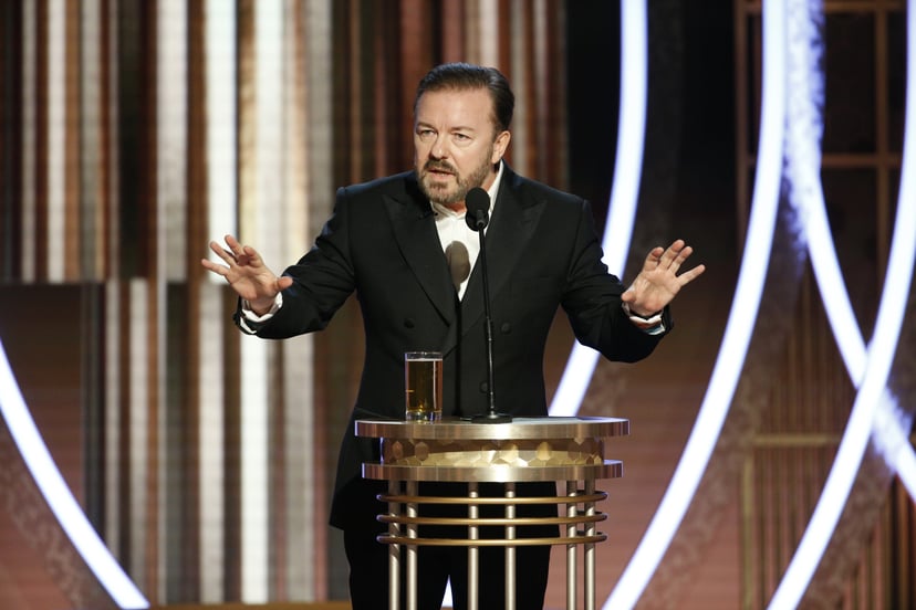 BEVERLY HILLS, CALIFORNIA - JANUARY 05: In this handout photo provided by NBCUniversal Media, LLC,  host Ricky Gervais speaks onstage during the 77th Annual Golden Globe Awards at The Beverly Hilton Hotel on January 5, 2020 in Beverly Hills, California. (