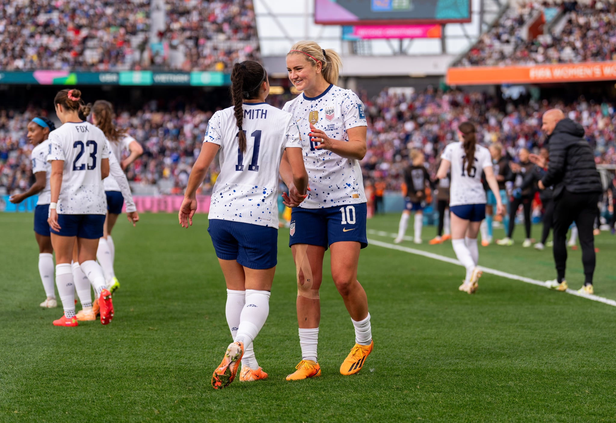 AUCKLAND, NEW ZEALAND - JULY 22: Sophia Smith #11 of the United States celebrates with Lindsey Horan #10  during a FIFA World Cup Group Stage game between Vietnam and USWNT at Eden Park  on July 22, 2023 in Auckland, New Zealand. (Photo by Brad Smith/USSF/Getty Images for USSF).