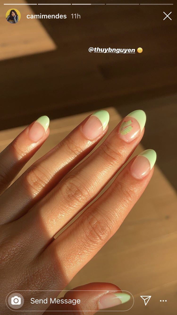 Camila Mendes S Minimal Green Manicure Lizzo Rita Ora And More Celebs Are Wearing The Green Nail Trend Post Stay At Home Orders Popsugar Beauty Photo 4 Wearable nail art that isn't ott nail art, nail polish, nail paint, nail accessories, nail art stickers, gradient nails, long nails, stiletto nails, coffin nails, short nails, clean nails, french manicure. camila mendes s minimal green manicure