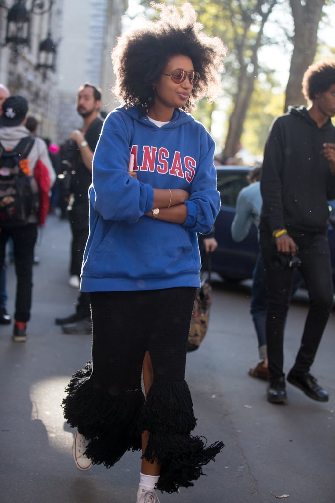 College-Sweatshirt Outfit: Wear It With a Ruffled Midi Skirt and High-Tops