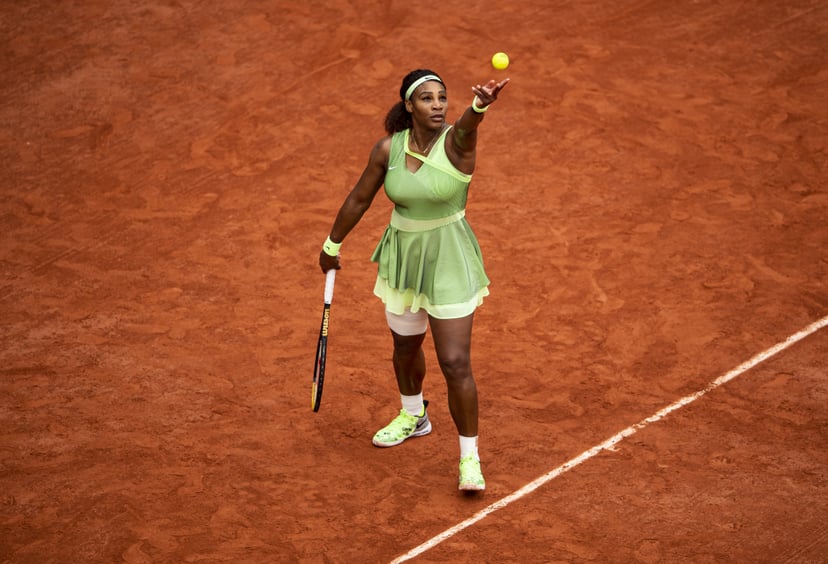 PARIS, FRANCE - JUNE 04: Serena Williams of the United States serves against Danielle Collins of the United States in the third round of the women's singles at Roland Garros on June 04, 2021 in Paris, France. (Photo by TPN/Getty Images)