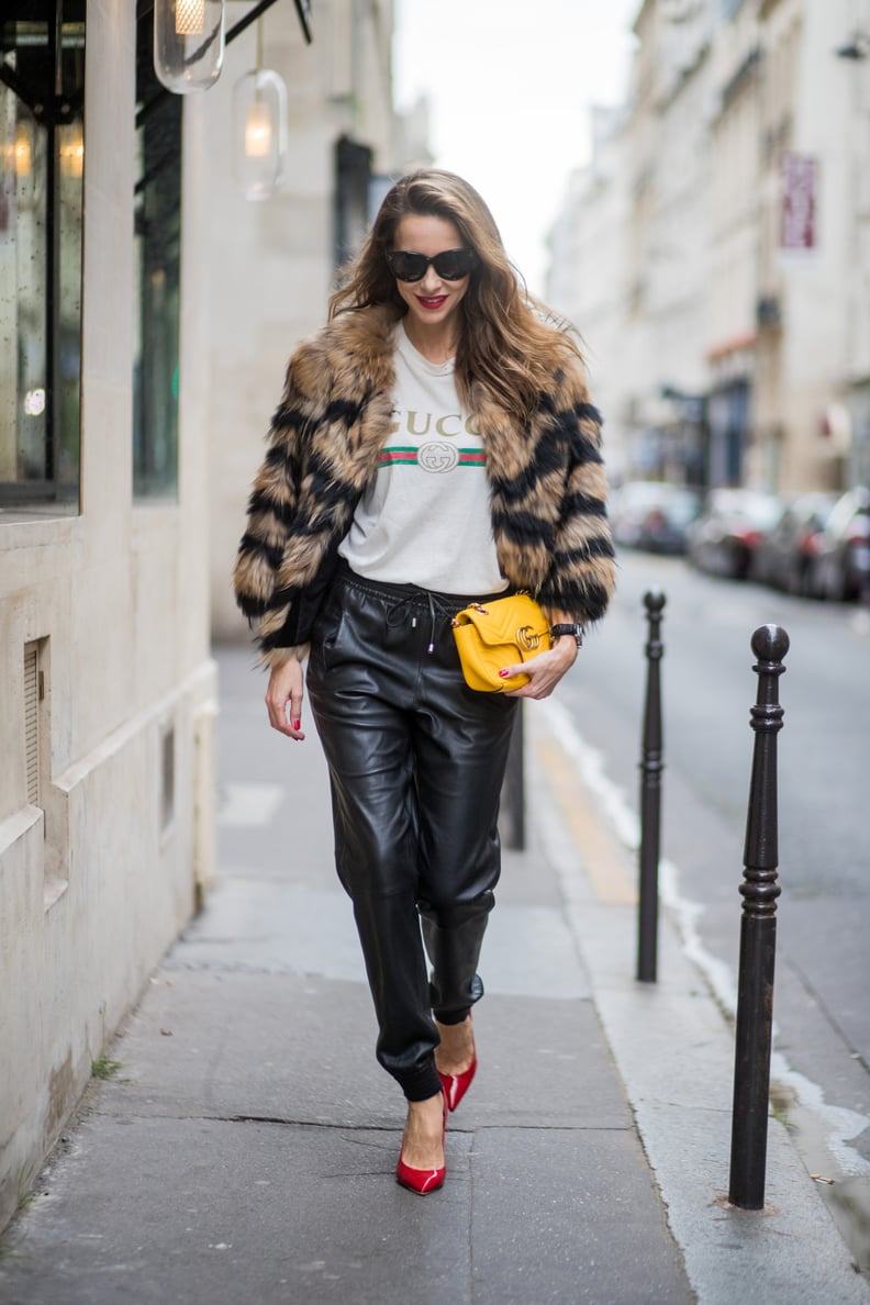 Mix Leather Track Pants With a Furry Coat