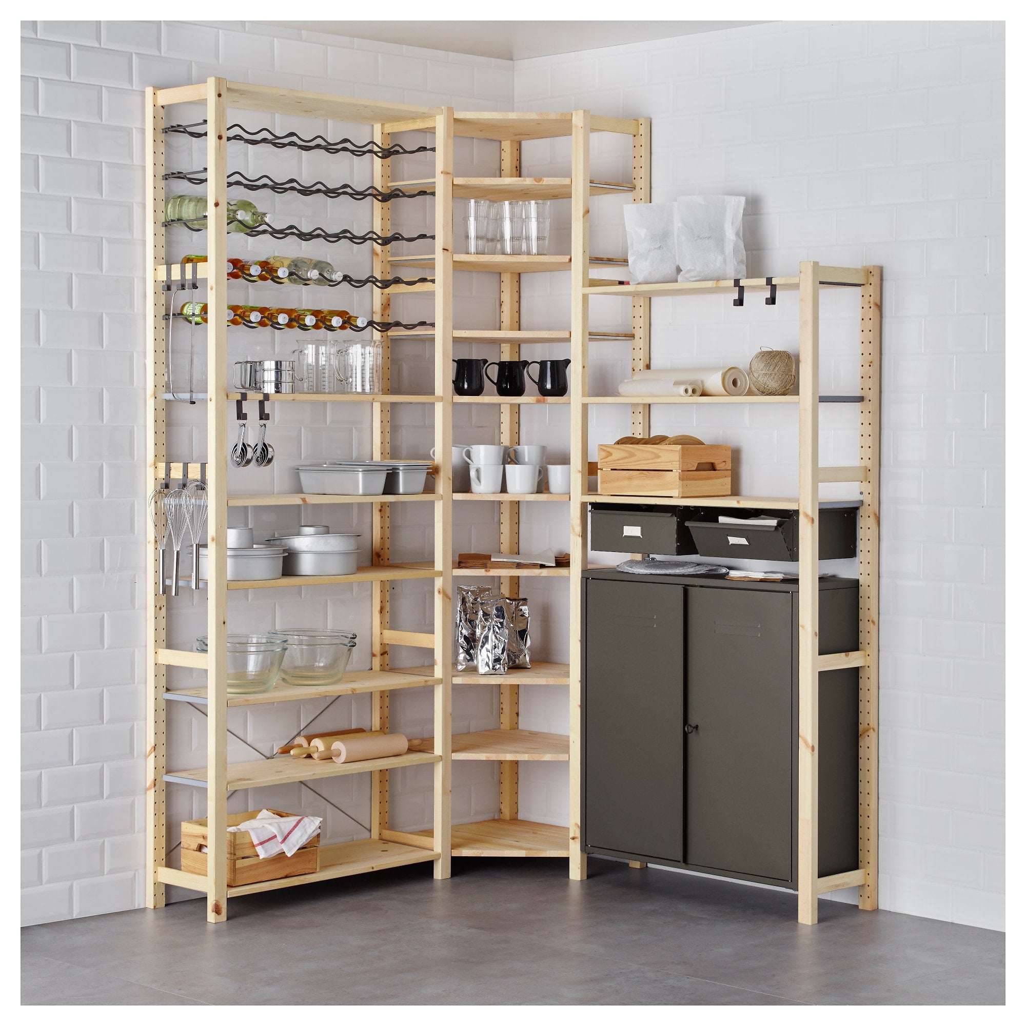 Ivar 3 Section Shelving Unit With Cabinets Pots And Pans