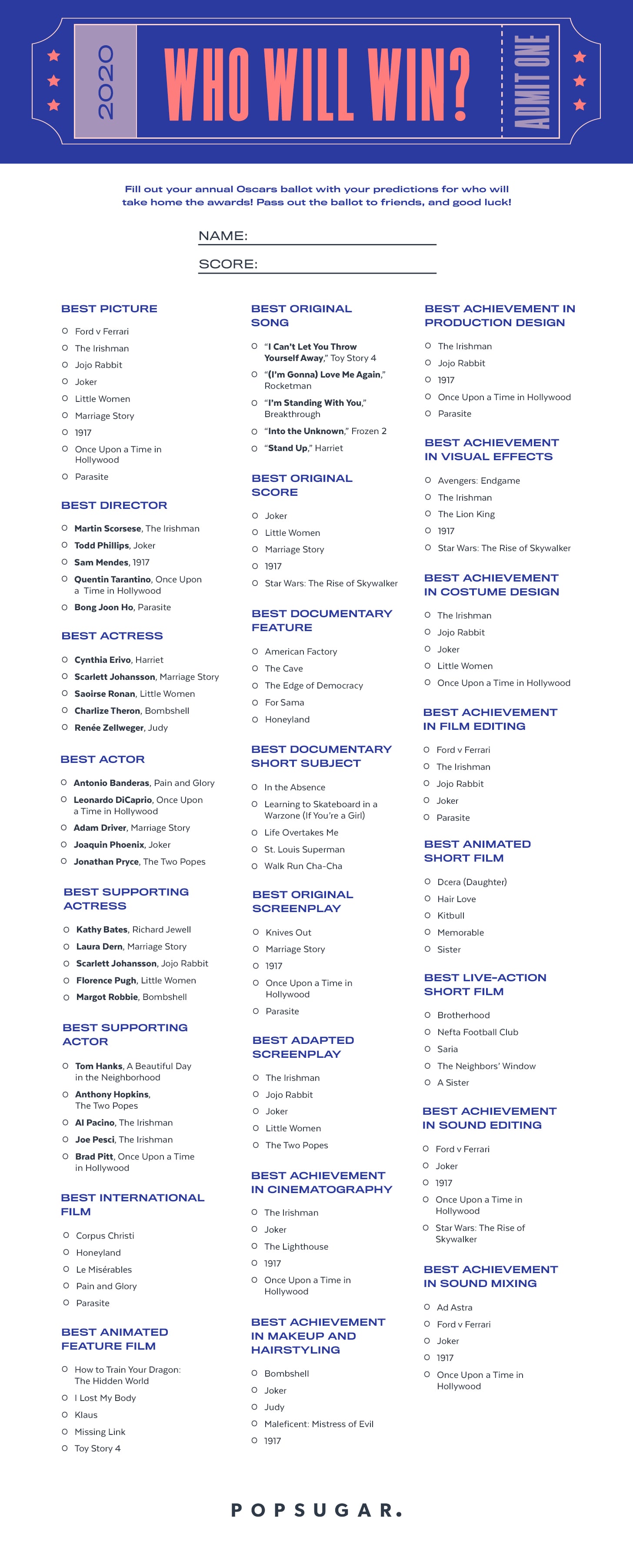 Download the official Oscar ballot before the Academy Awards