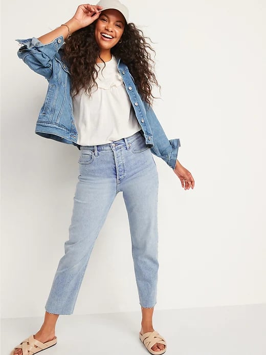 Old Navy Extra High-Waisted Sky-Hi Button-Fly Straight Raw-Hem Jeans