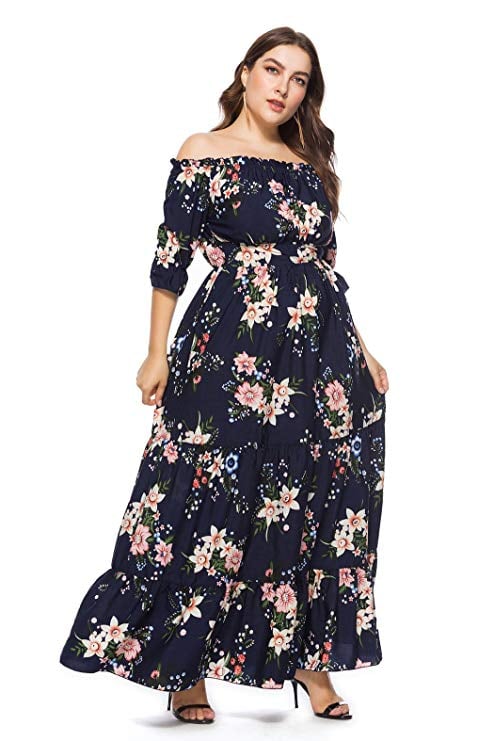 Selenaly Plus Size Split Floral Print Maxi Dress