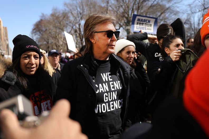 NEW YORK, NY - MARCH 24:  Sir Paul McCartney joins thousands of people, many of them students, march against gun violence in Manhattan during the March for Our Lives rally on March 24, 2018 in New York, United States. More than 800 March for Our Lives eve
