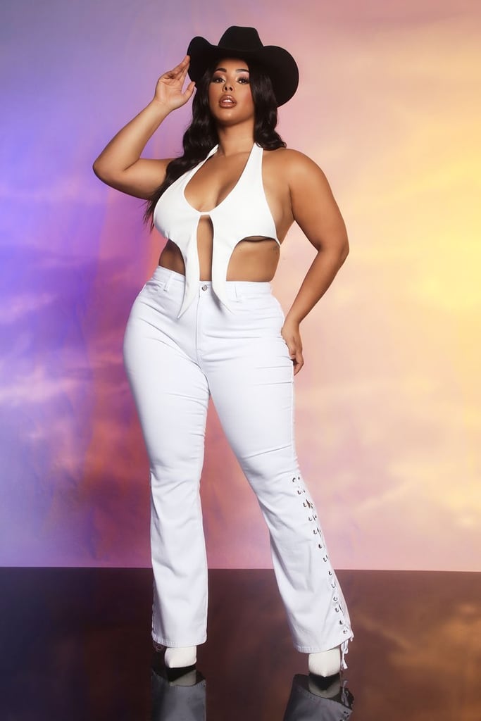 Megan Thee Stallion x Fashion Nova Tall Strings Attached Lace Up Flare Jeans — White