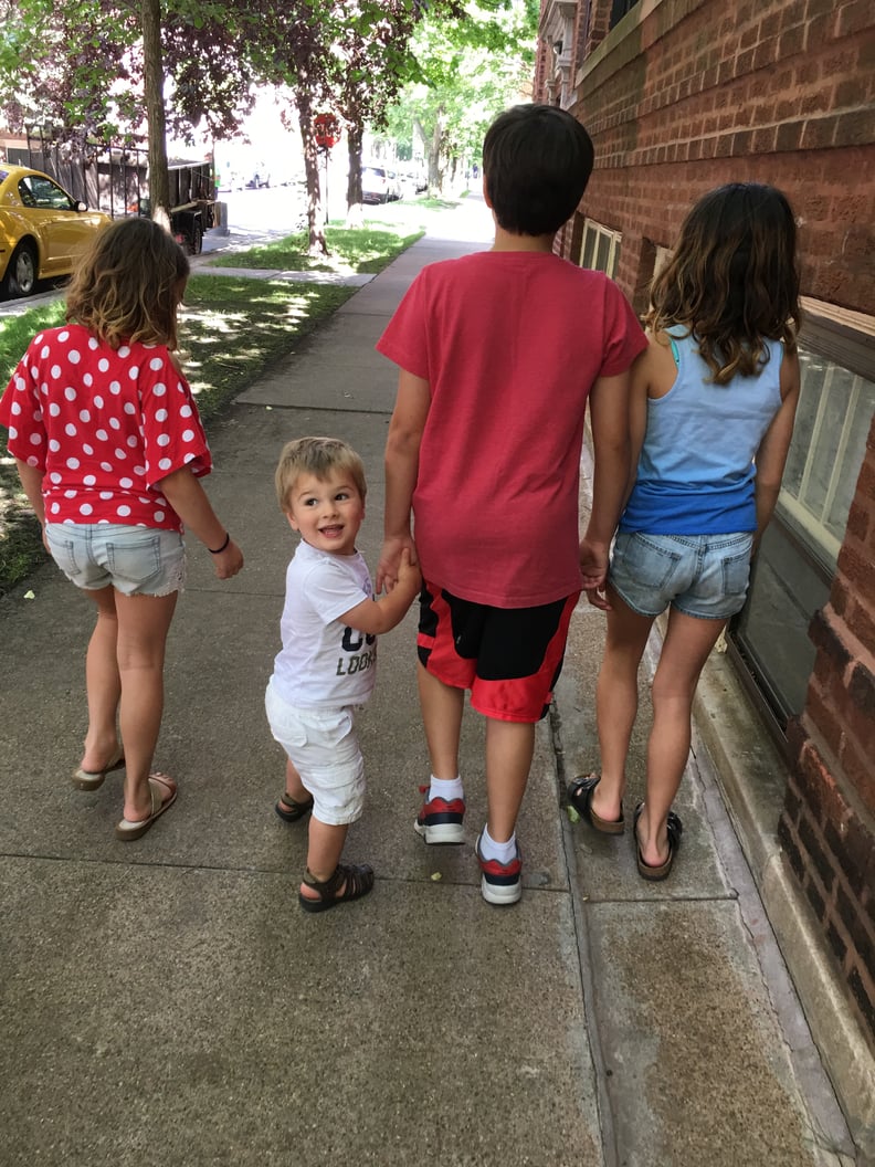 The author's son and cousins out for a walk