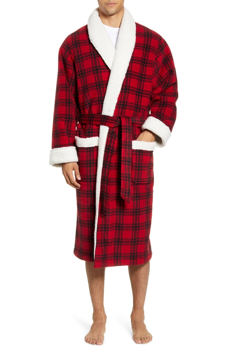 Nordstrom Men's Shop Plaid Fleece Robe With Faux Shearling Lining