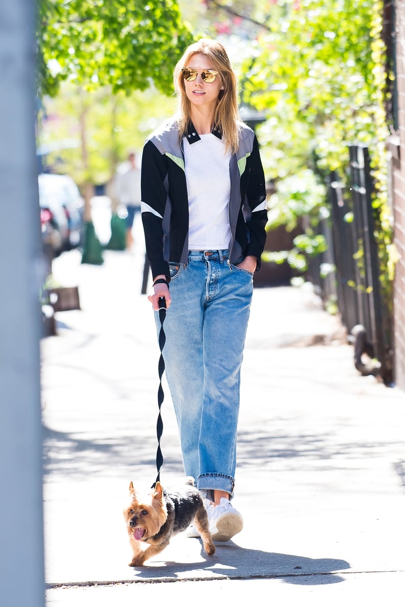 Karlie Kloss Cuffed Her Boyfriend Jeans and Paired Them With a Lightweight Striped Jacket
