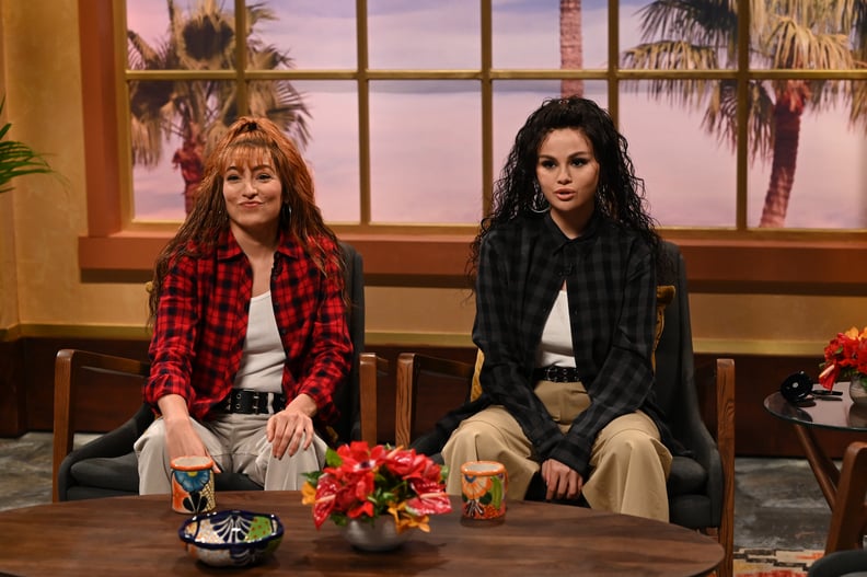 SATURDAY NIGHT LIVE -- Selena Gomez, Post Malone Episode 1825 -- Pictured: (l-r) Melissa Villaseñor and host Selena Gomez during the A Peak At Pico sketch on Saturday, May 14, 2022 -- (Photo by: Will Heath/NBC/NBCU Photo Bank via Getty Images)