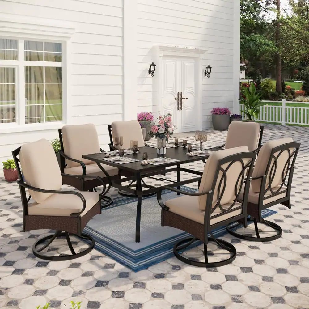 A 7-Person Dining Set: Phi Villa 7-Piece Black Metal Outdoor Dining Set