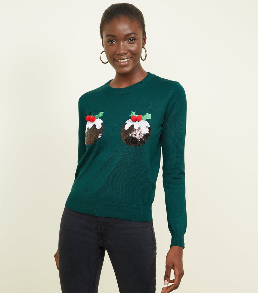New Look Green Sequin Christmas Pudding Jumper