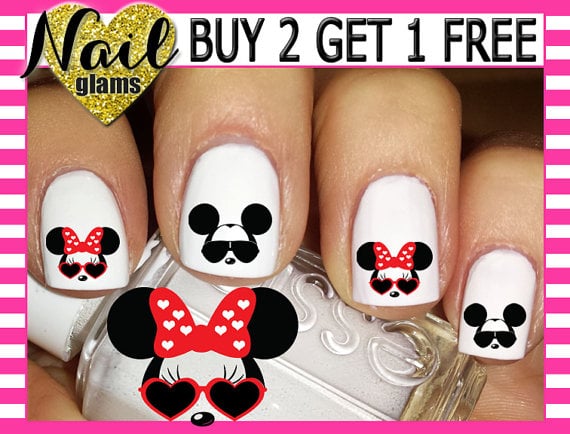 60 Nail Decals - Mickey & Minnie Mouse Faces Ears SUNGLASSES - RED Polka Dot Bow ($6)