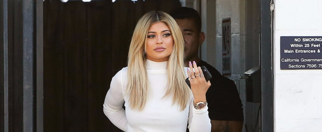 Kylie Jenner Wearing White Skirt and Turtleneck