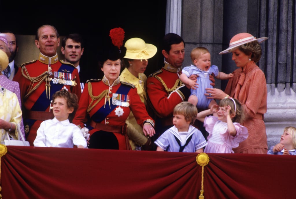 The royal family — including baby Harry — watched from the balcony of Buckingham Palace during the Trooping the Colour ceremony in 1985.