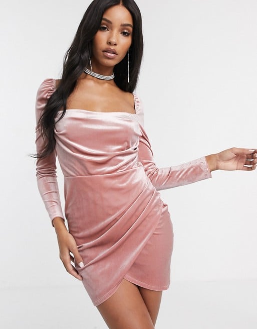 pink velvet long sleeve dress