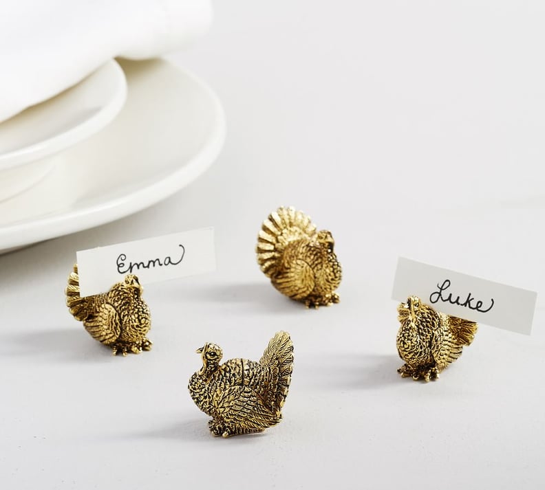 For a Personalized Tablescape: Pottery Barn Gold Turkey Place Card Holders
