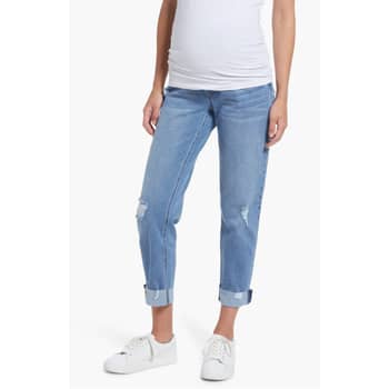 Buy Boohoo maternity roll hem over the bump boyfriend jeans blue Online