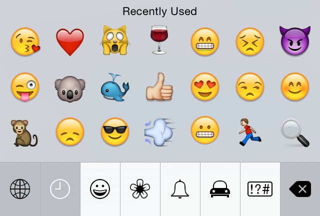 "Some notable ones: wine (obvs), purple devil (best emoji for prank planning/scheming), whale (try using it instead of 'well'), winking with tongue out (drunk), side eye (is my spirit animal), spider monkey (Lisette introduced me — best alternative for 'OK' or 'Great!'), and magnifying glass (used in context of 'WHERE the hell are you?!')."
— Nicole Nguyen, Tech assistant editor