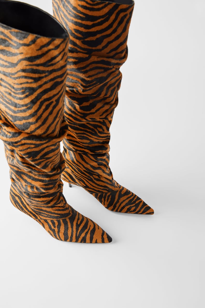 Zara Leather Animal Print Kitten Heel Boots