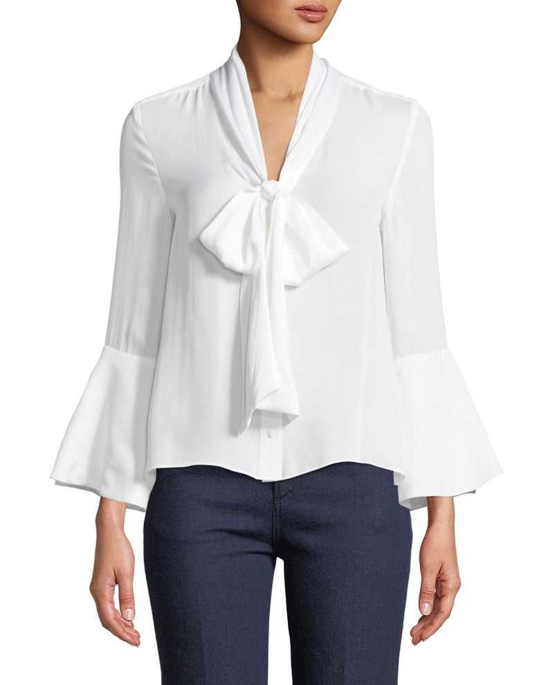 Alice + Olivia Meredith Tie-Neck Bell-Sleeve Button-Front Silk Blouse