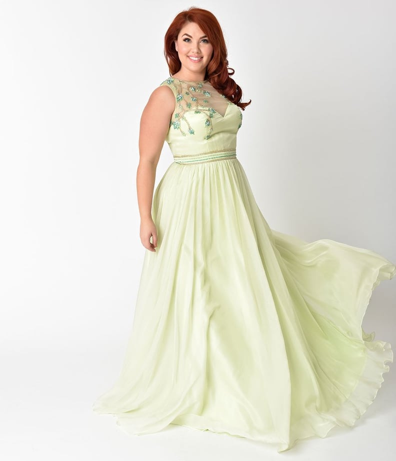 Curve Lime Green Embellished Mesh Illusion Prom Gown