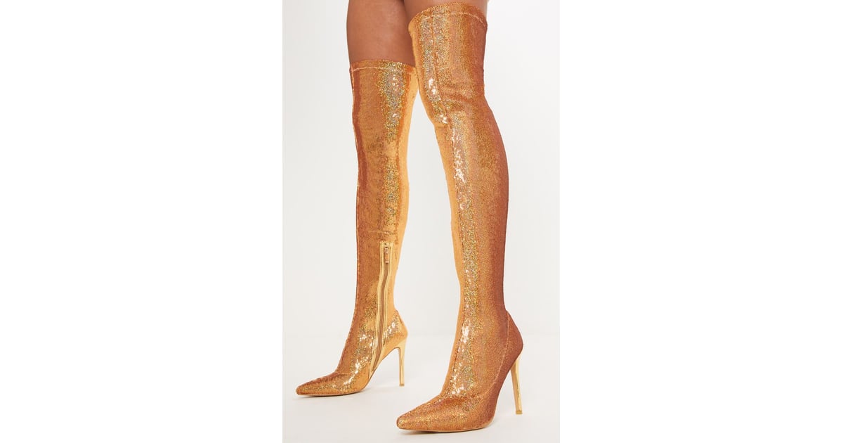 gold over the knee sequin sock boot