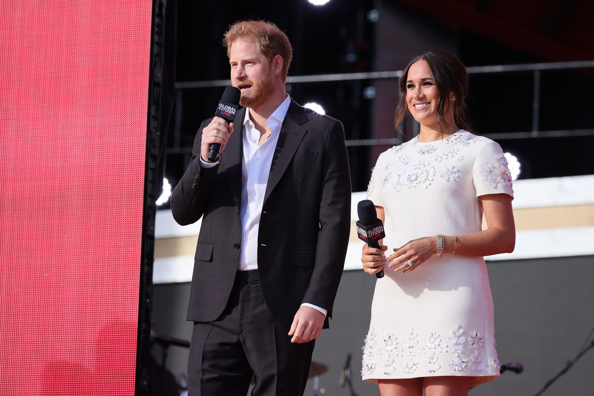 NEW YORK, NEW YORK - SEPTEMBER 25: Prince Harry, Duke of Sussex and Meghan, Duchess of Sussex speak onstage during Global Citizen Live, New York on September 25, 2021 in New York City. (Photo by Theo Wargo/Getty Images for Global Citizen)
