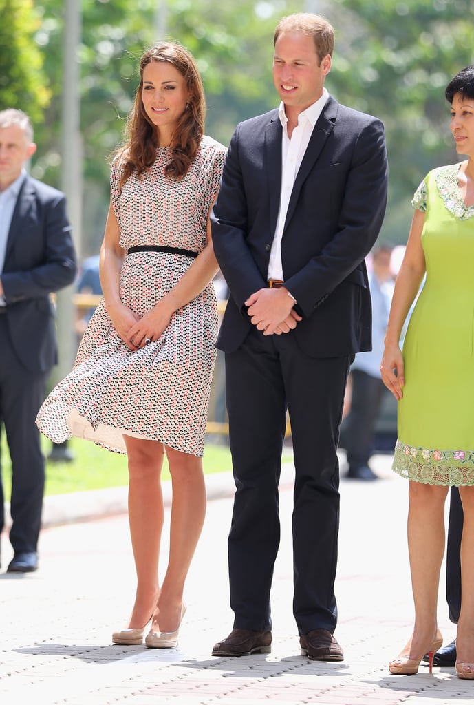 She stepped out in a printed Raoul sheath and her favorite nude L.K. Bennett pumps.